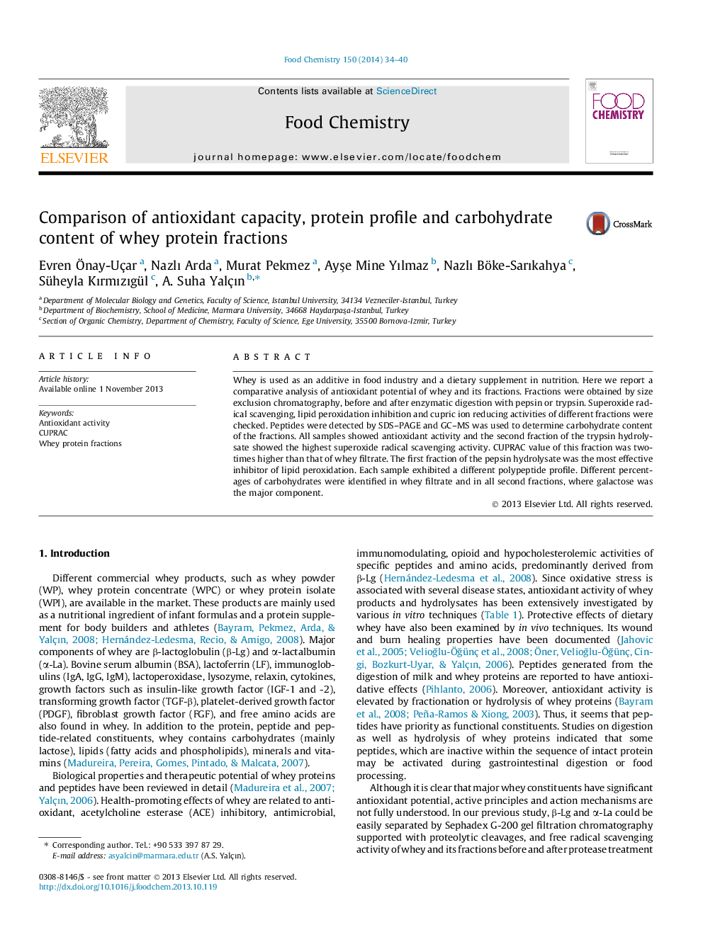 Comparison of antioxidant capacity, protein profile and carbohydrate content of whey protein fractions