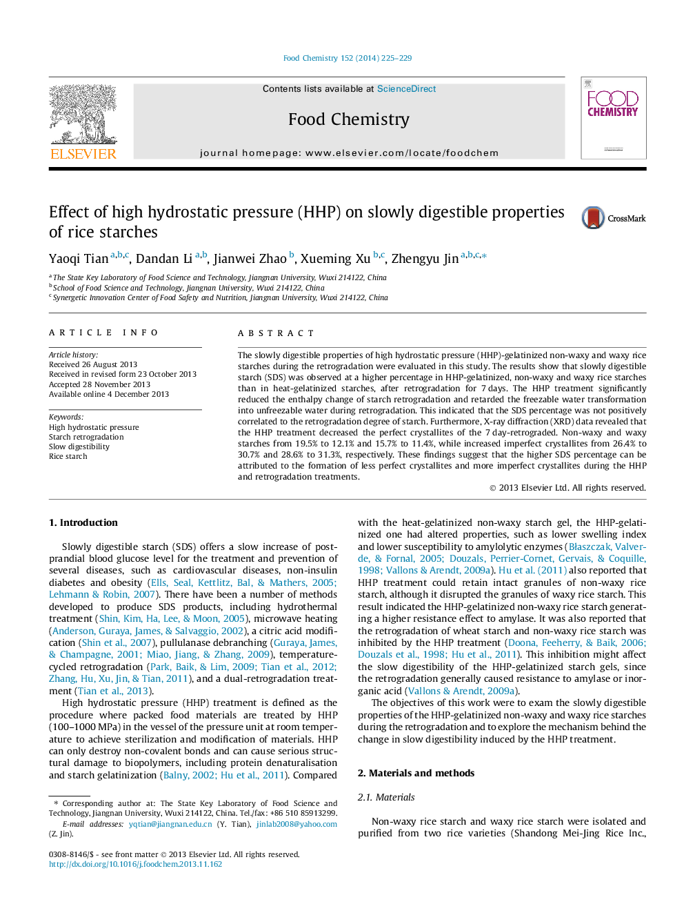 Effect of high hydrostatic pressure (HHP) on slowly digestible properties of rice starches