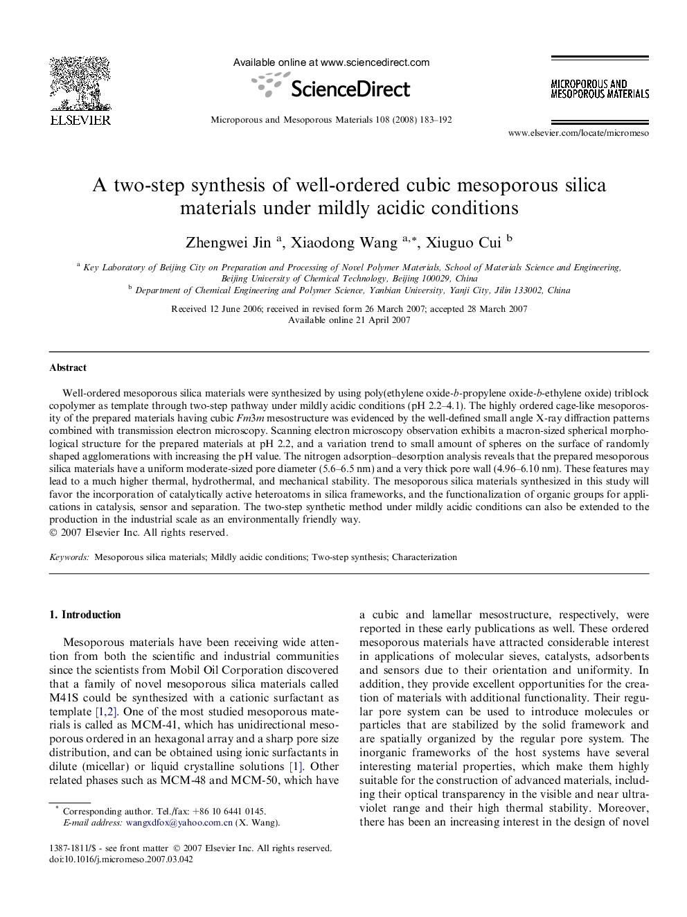 A two-step synthesis of well-ordered cubic mesoporous silica materials under mildly acidic conditions