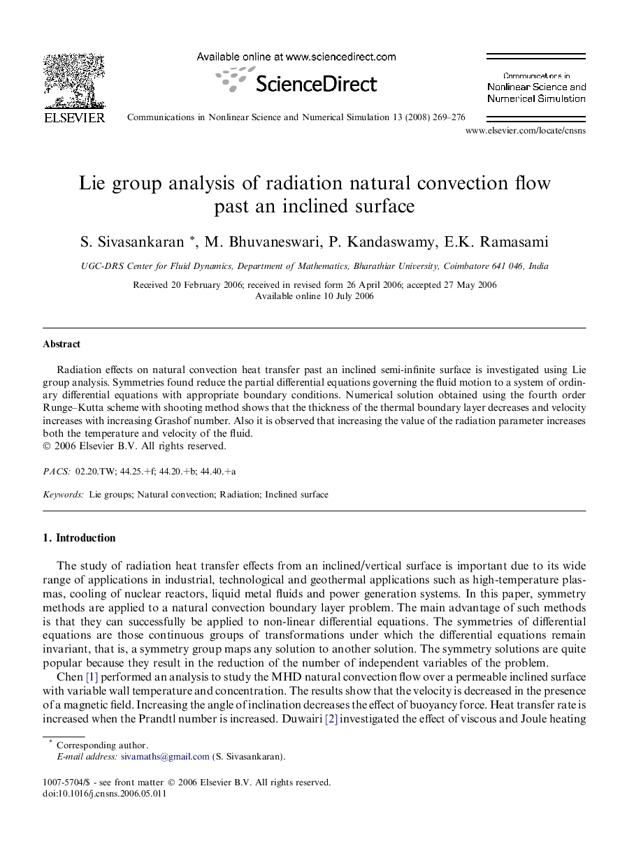 Lie group analysis of radiation natural convection flow past an inclined surface