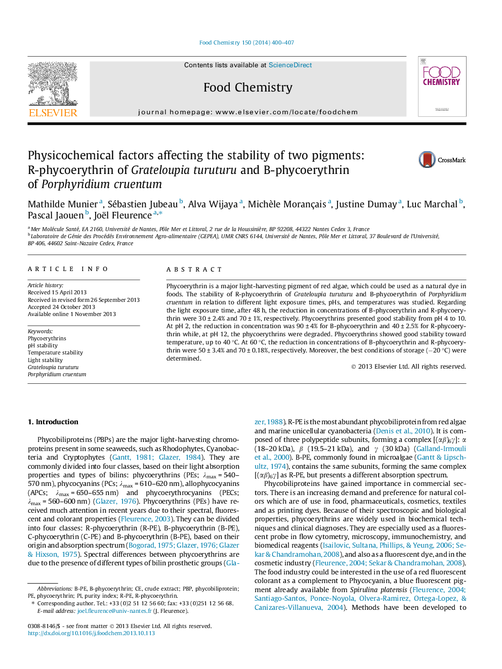 Physicochemical factors affecting the stability of two pigments: R-phycoerythrin of Grateloupia turuturu and B-phycoerythrin of Porphyridium cruentum