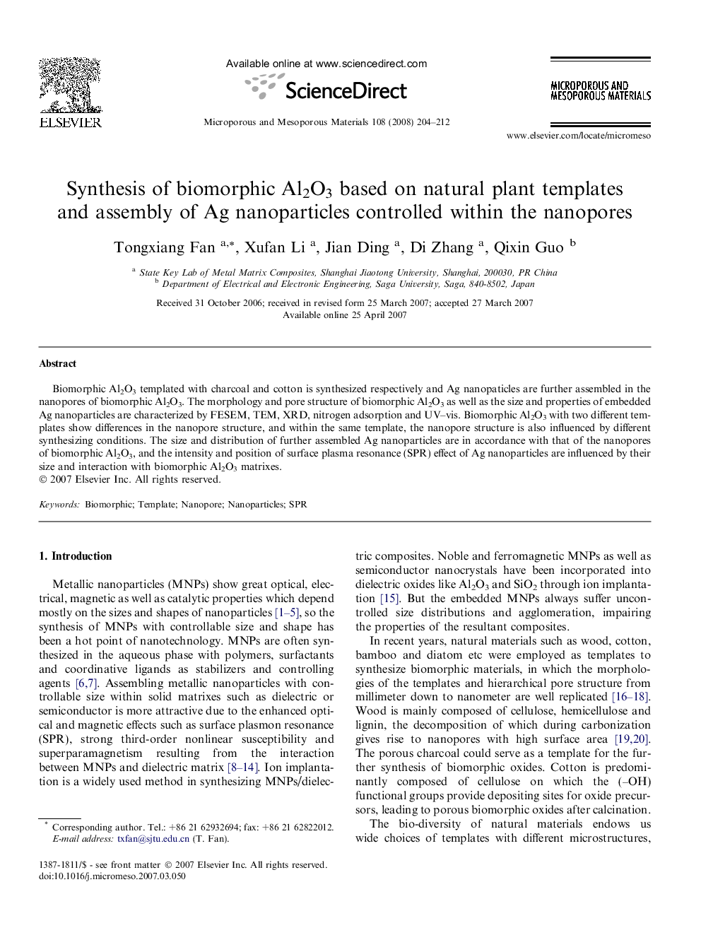 Synthesis of biomorphic Al2O3 based on natural plant templates and assembly of Ag nanoparticles controlled within the nanopores