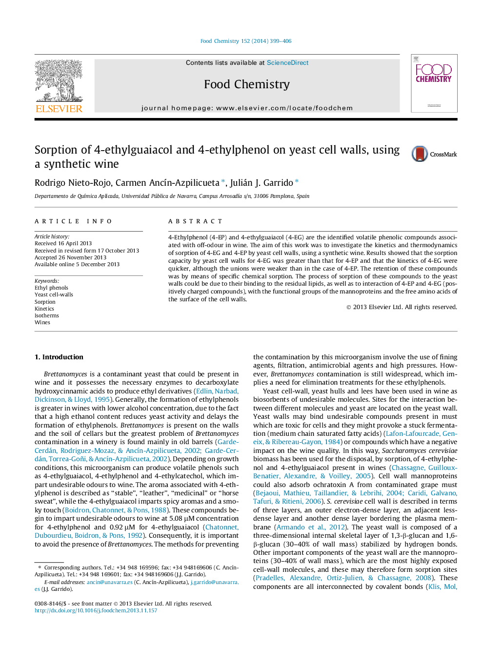 Sorption of 4-ethylguaiacol and 4-ethylphenol on yeast cell walls, using a synthetic wine