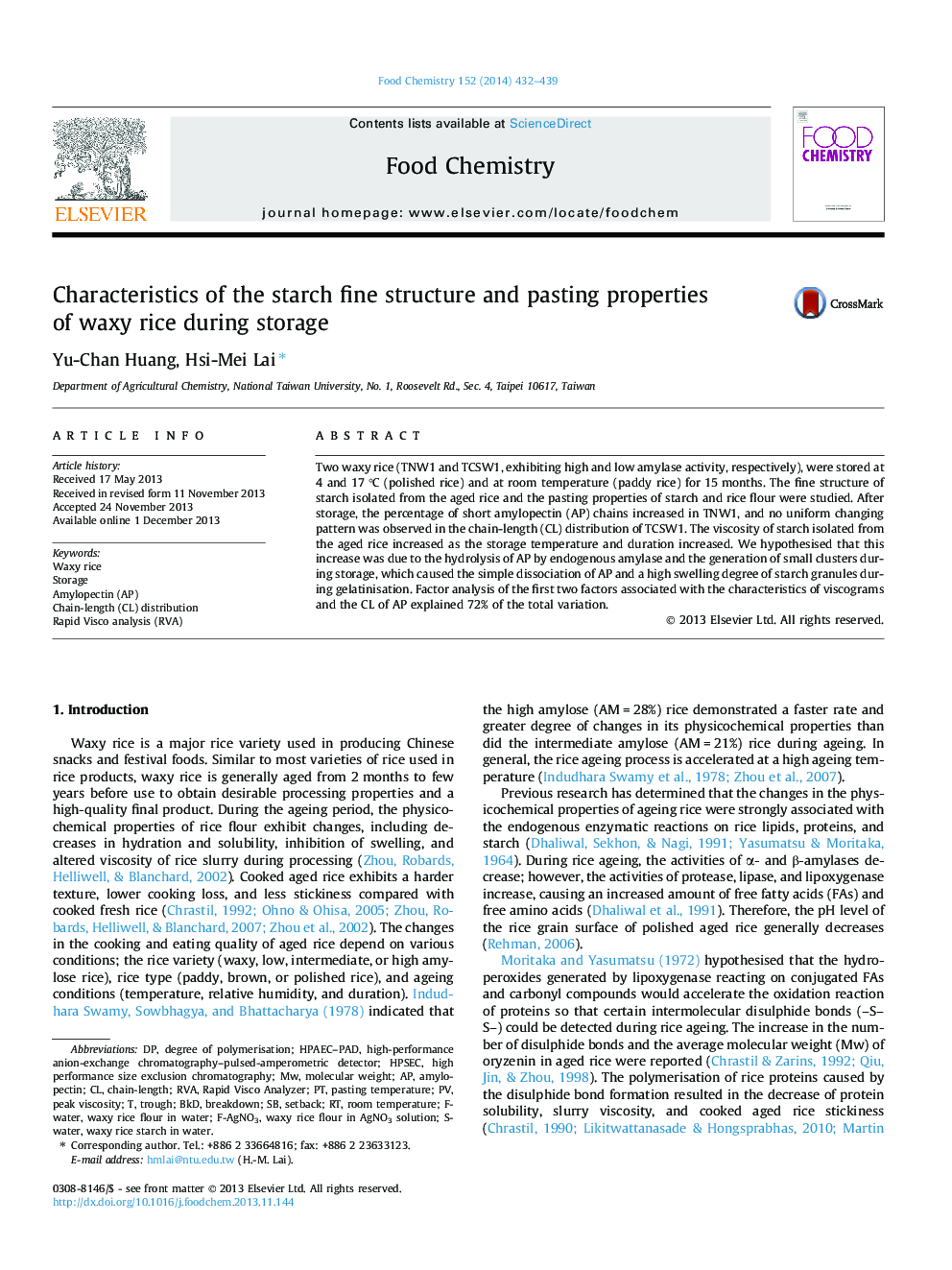 Characteristics of the starch fine structure and pasting properties of waxy rice during storage