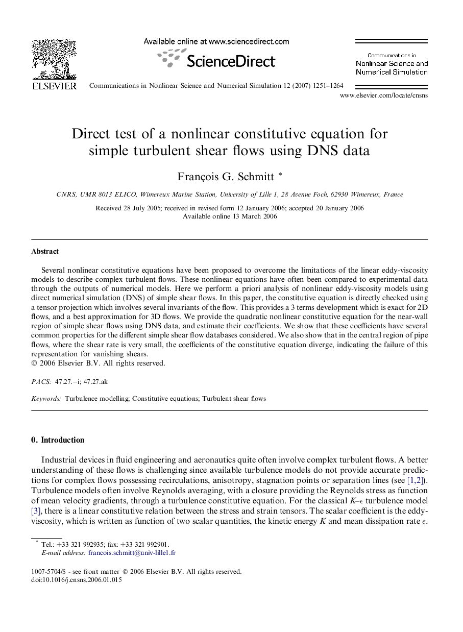 Direct test of a nonlinear constitutive equation for simple turbulent shear flows using DNS data