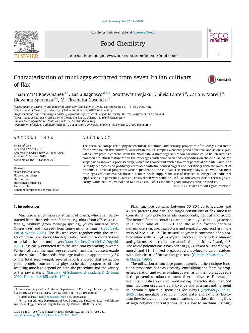 Characterisation of mucilages extracted from seven Italian cultivars of flax