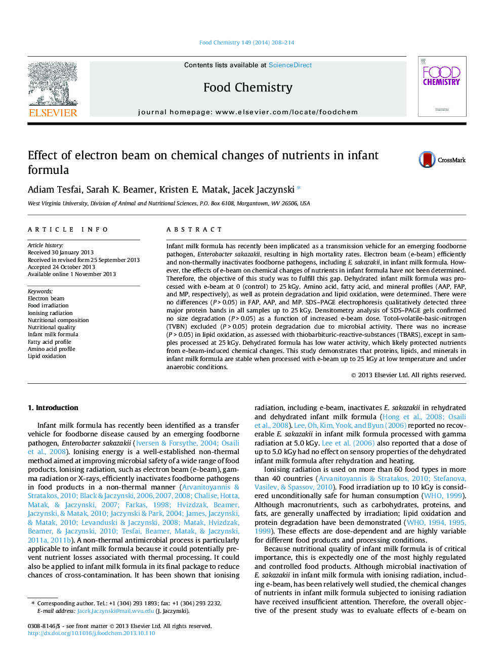 Effect of electron beam on chemical changes of nutrients in infant formula