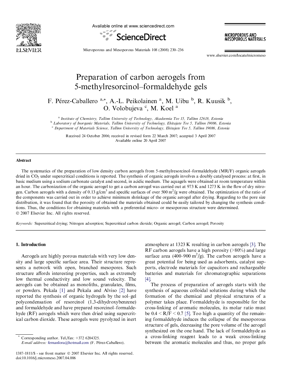 Preparation of carbon aerogels from 5-methylresorcinol–formaldehyde gels