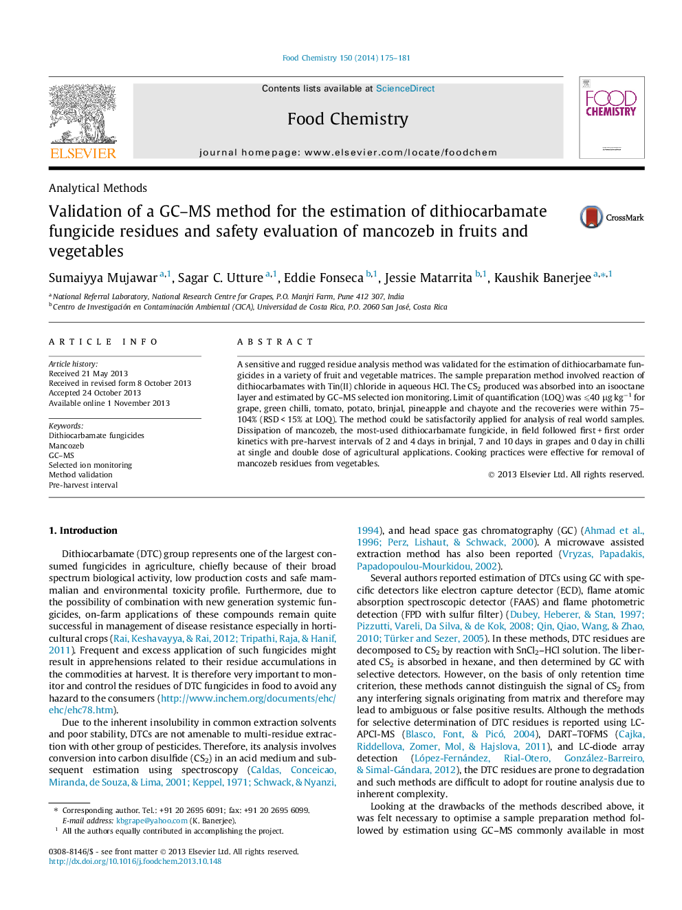 Validation of a GC-MS method for the estimation of dithiocarbamate fungicide residues and safety evaluation of mancozeb in fruits and vegetables