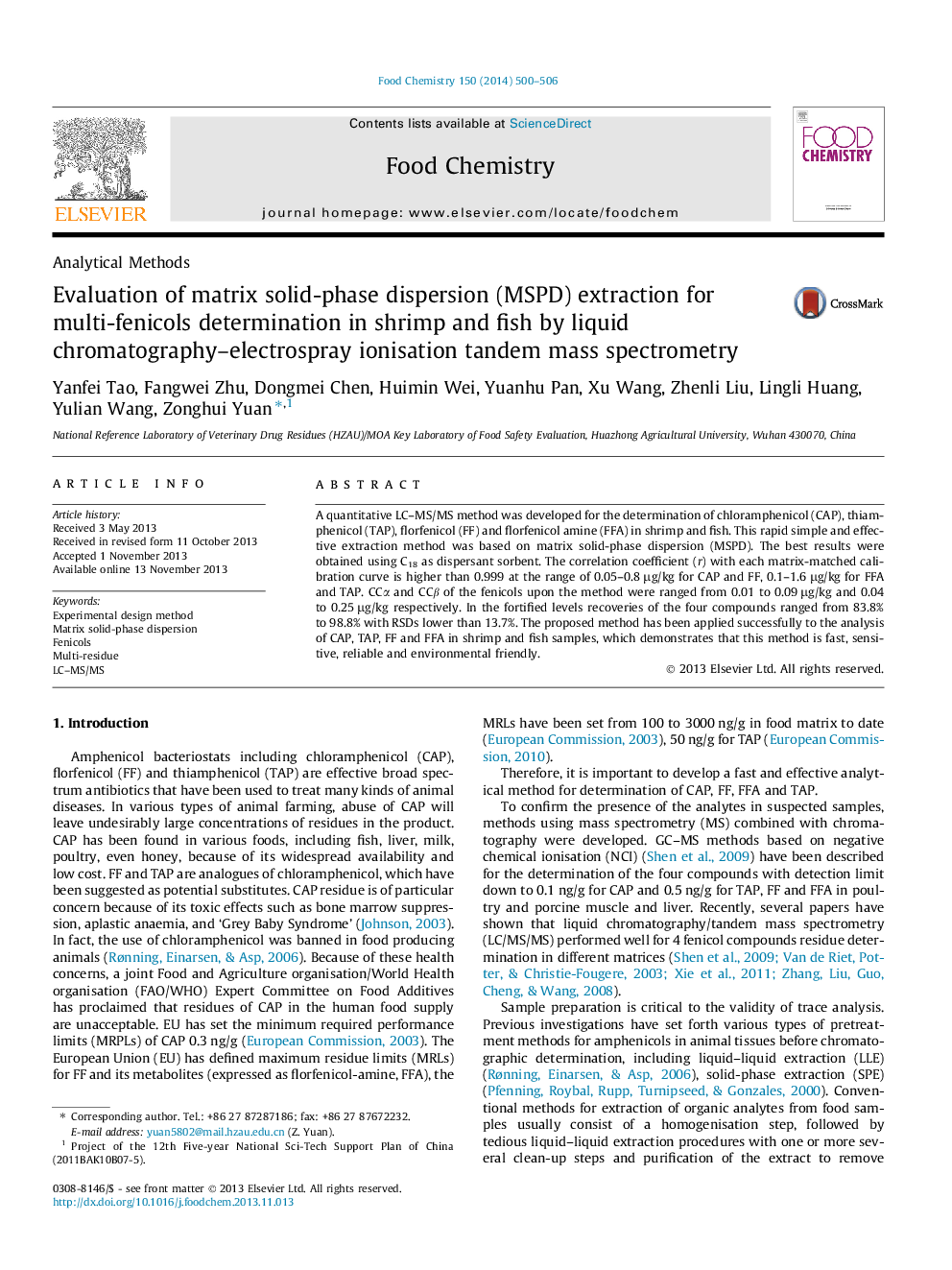 Evaluation of matrix solid-phase dispersion (MSPD) extraction for multi-fenicols determination in shrimp and fish by liquid chromatography-electrospray ionisation tandem mass spectrometry