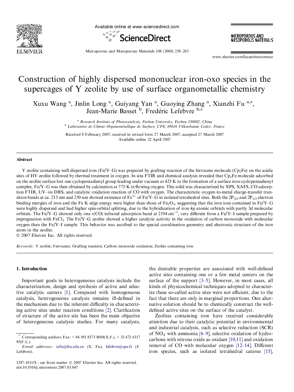 Construction of highly dispersed mononuclear iron-oxo species in the supercages of Y zeolite by use of surface organometallic chemistry