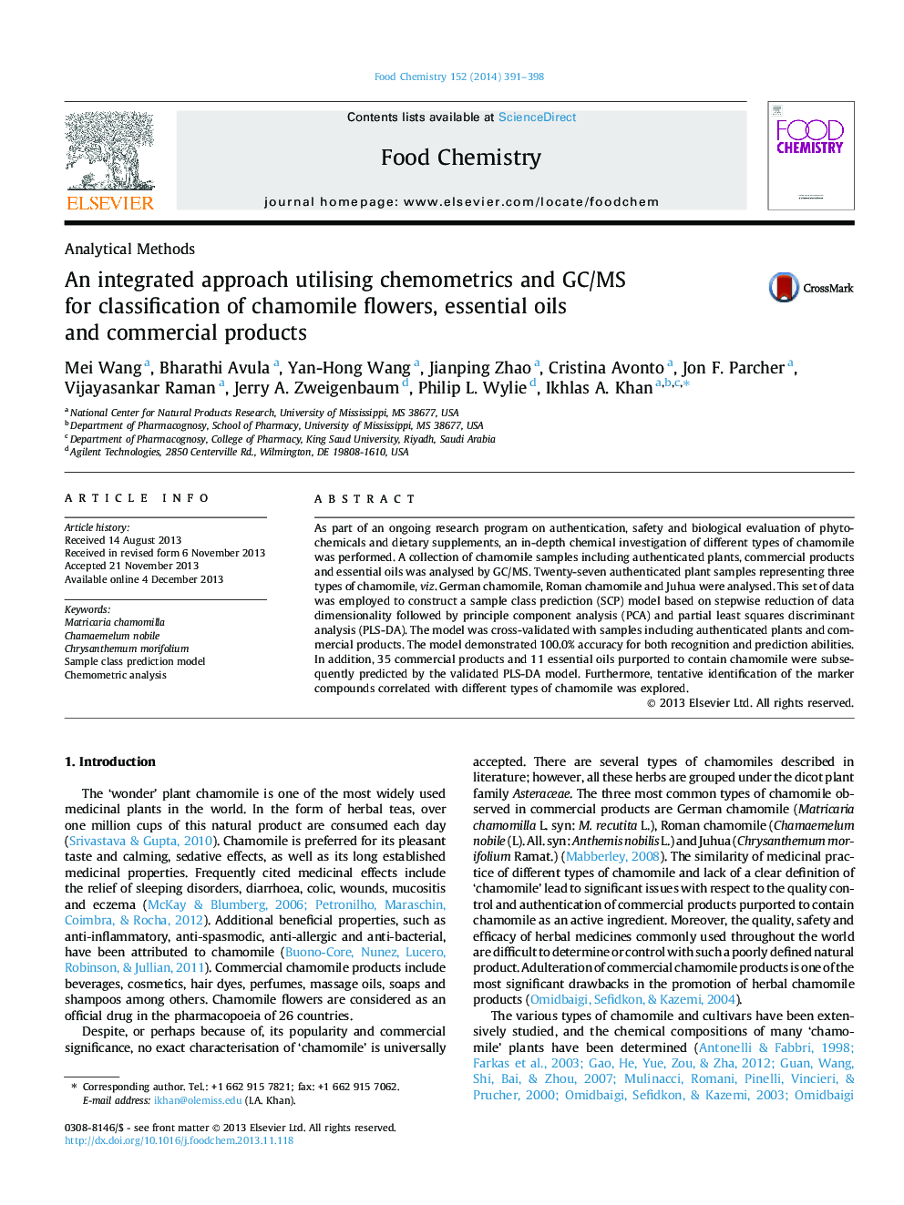 An integrated approach utilising chemometrics and GC/MS for classification of chamomile flowers, essential oils and commercial products