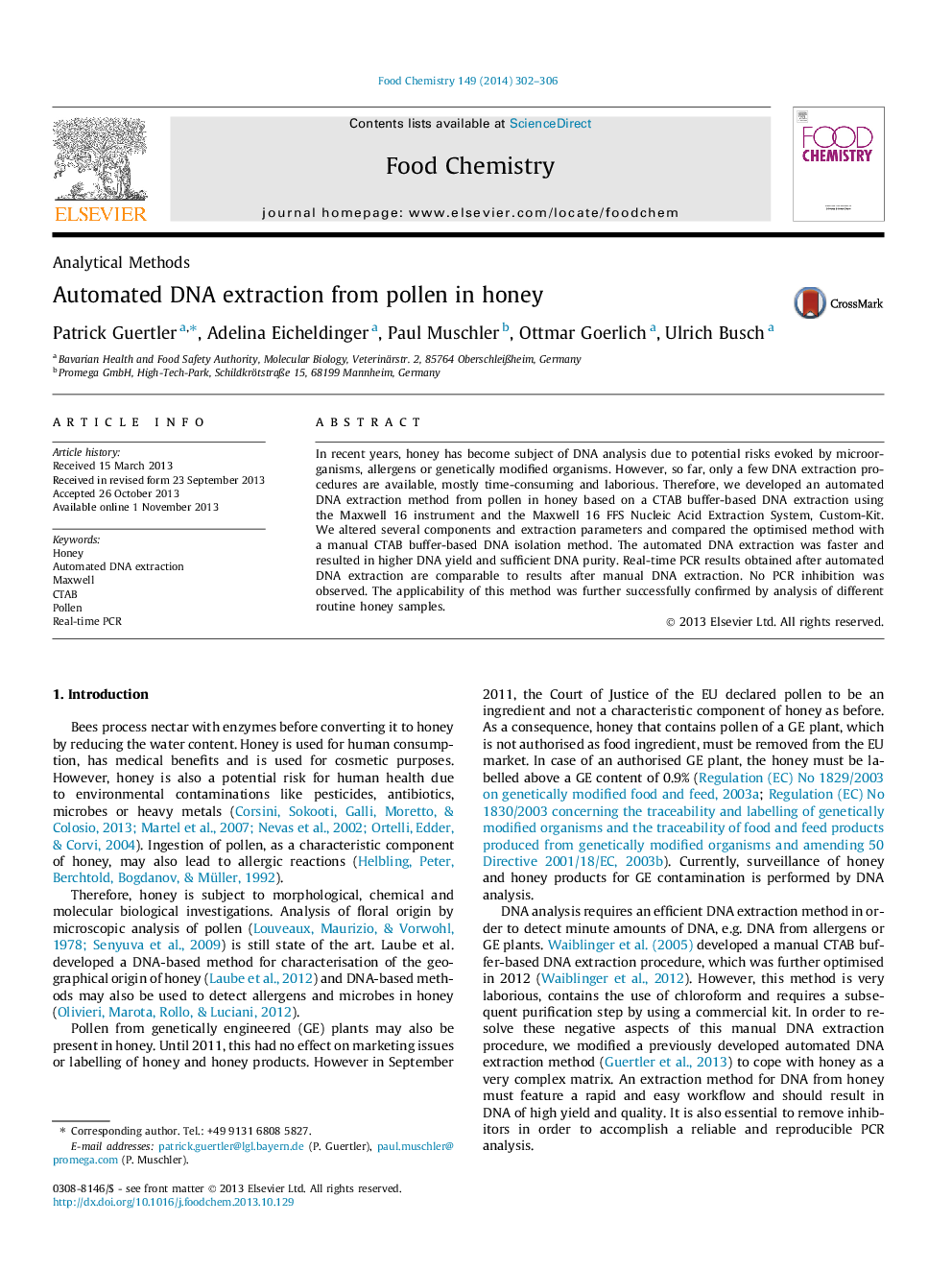 عکس صفحه اول مقاله: Automated DNA extraction from pollen in honey Automated DNA extraction from pollen in honey