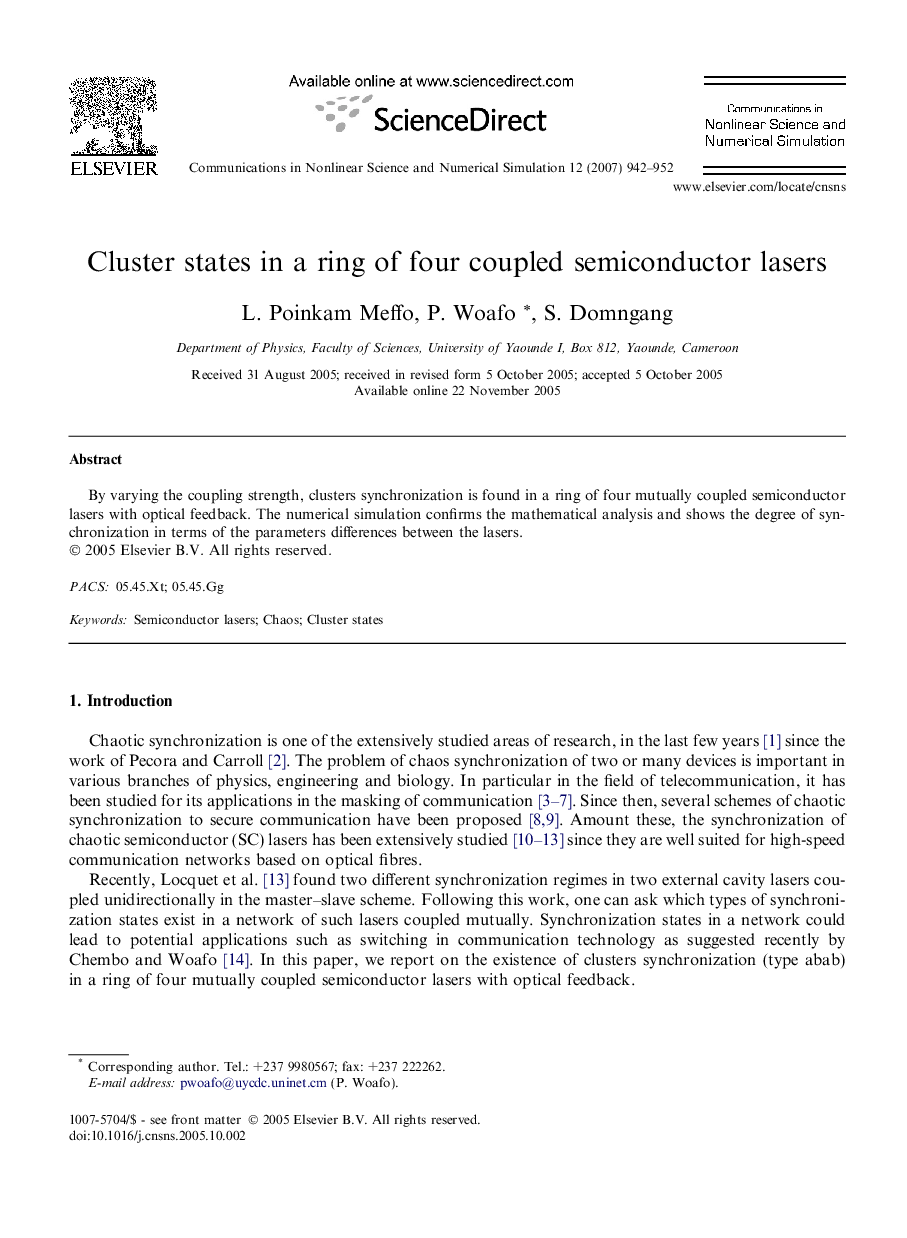 Cluster states in a ring of four coupled semiconductor lasers