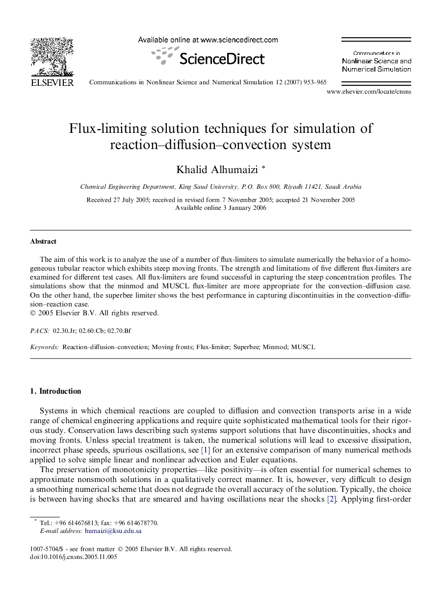 Flux-limiting solution techniques for simulation of reaction–diffusion–convection system