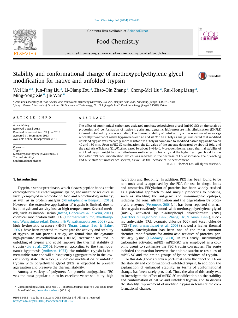 Stability and conformational change of methoxypolyethylene glycol modification for native and unfolded trypsin