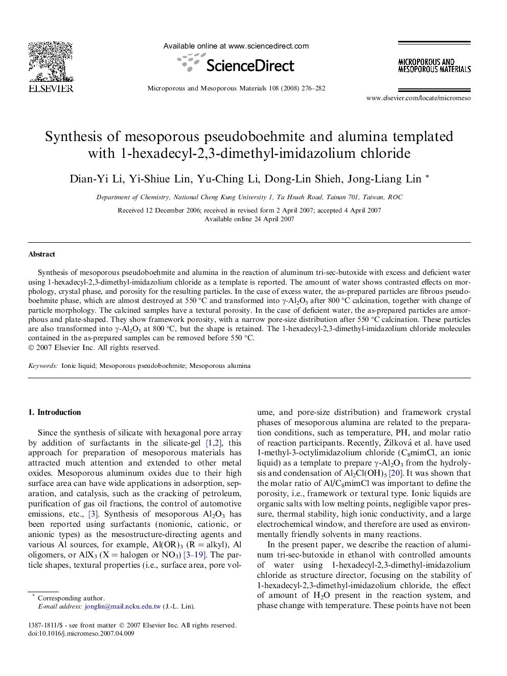 Synthesis of mesoporous pseudoboehmite and alumina templated with 1-hexadecyl-2,3-dimethyl-imidazolium chloride