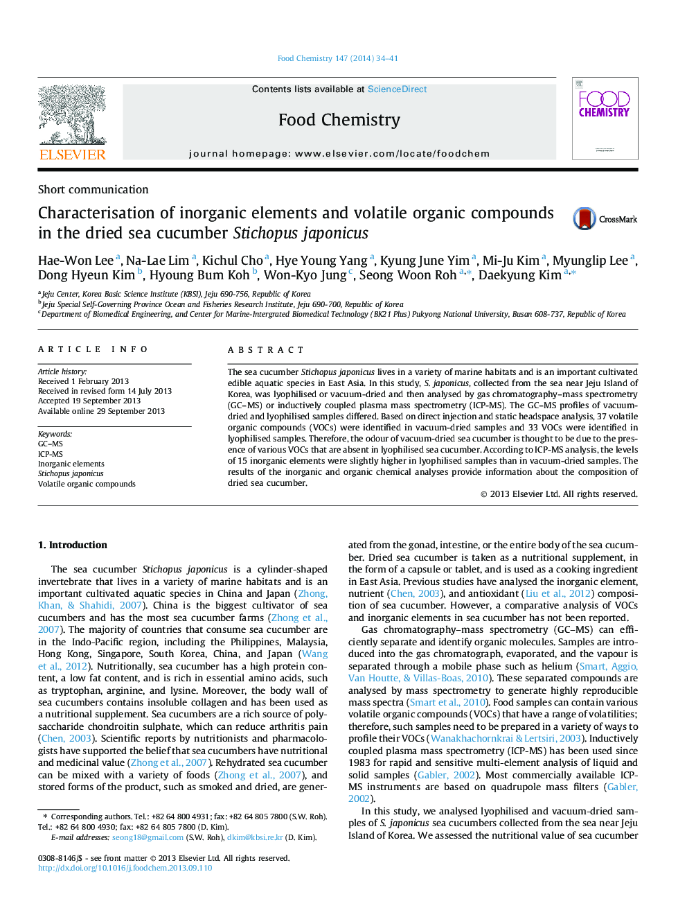 Characterisation of inorganic elements and volatile organic compounds in the dried sea cucumber Stichopus japonicus