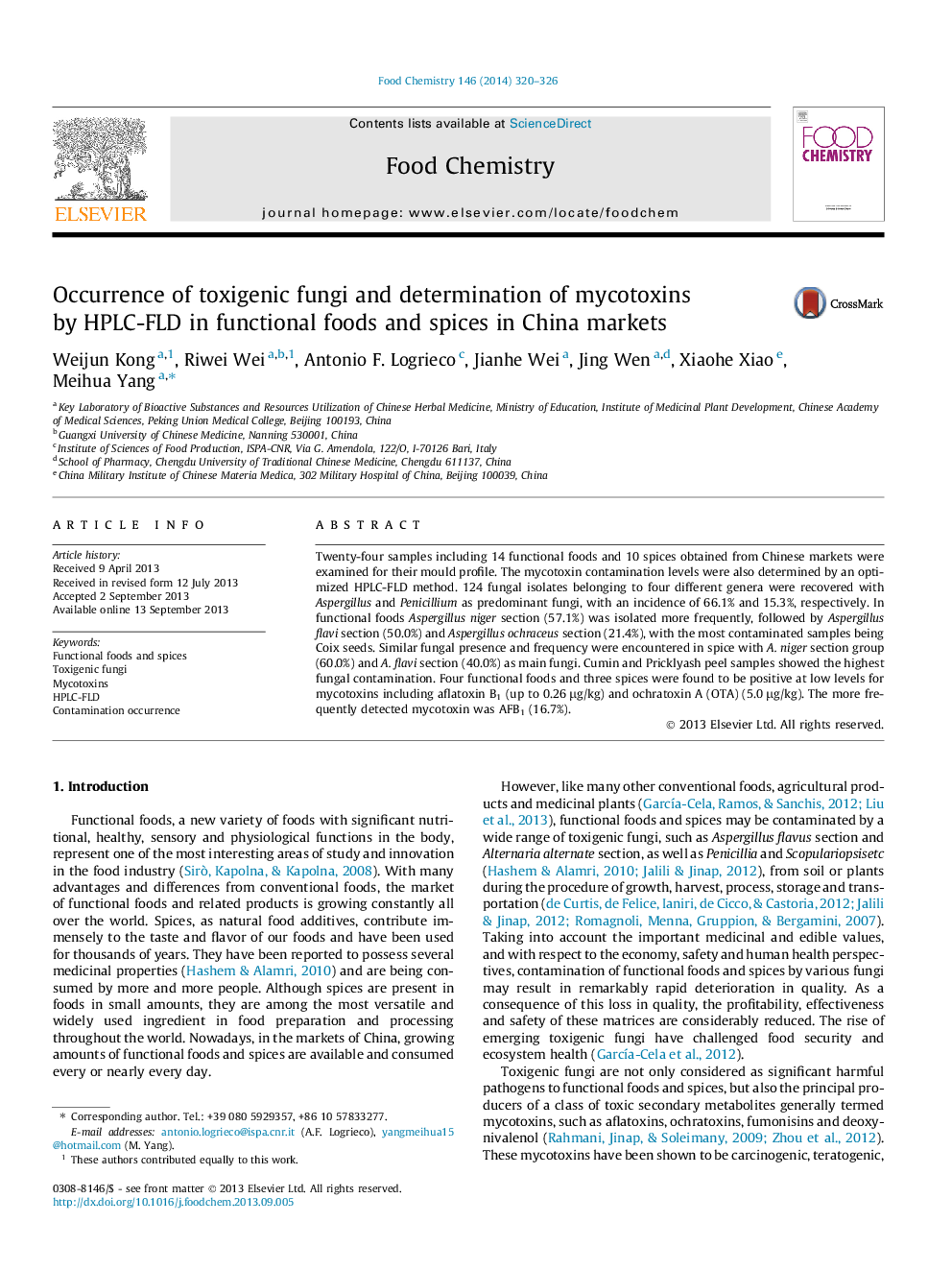 عکس صفحه اول مقاله: Occurrence of toxigenic fungi and determination of mycotoxins by HPLC-FLD in functional foods and spices in China markets Occurrence of toxigenic fungi and determination of mycotoxins by HPLC-FLD in functional foods and spices in China markets