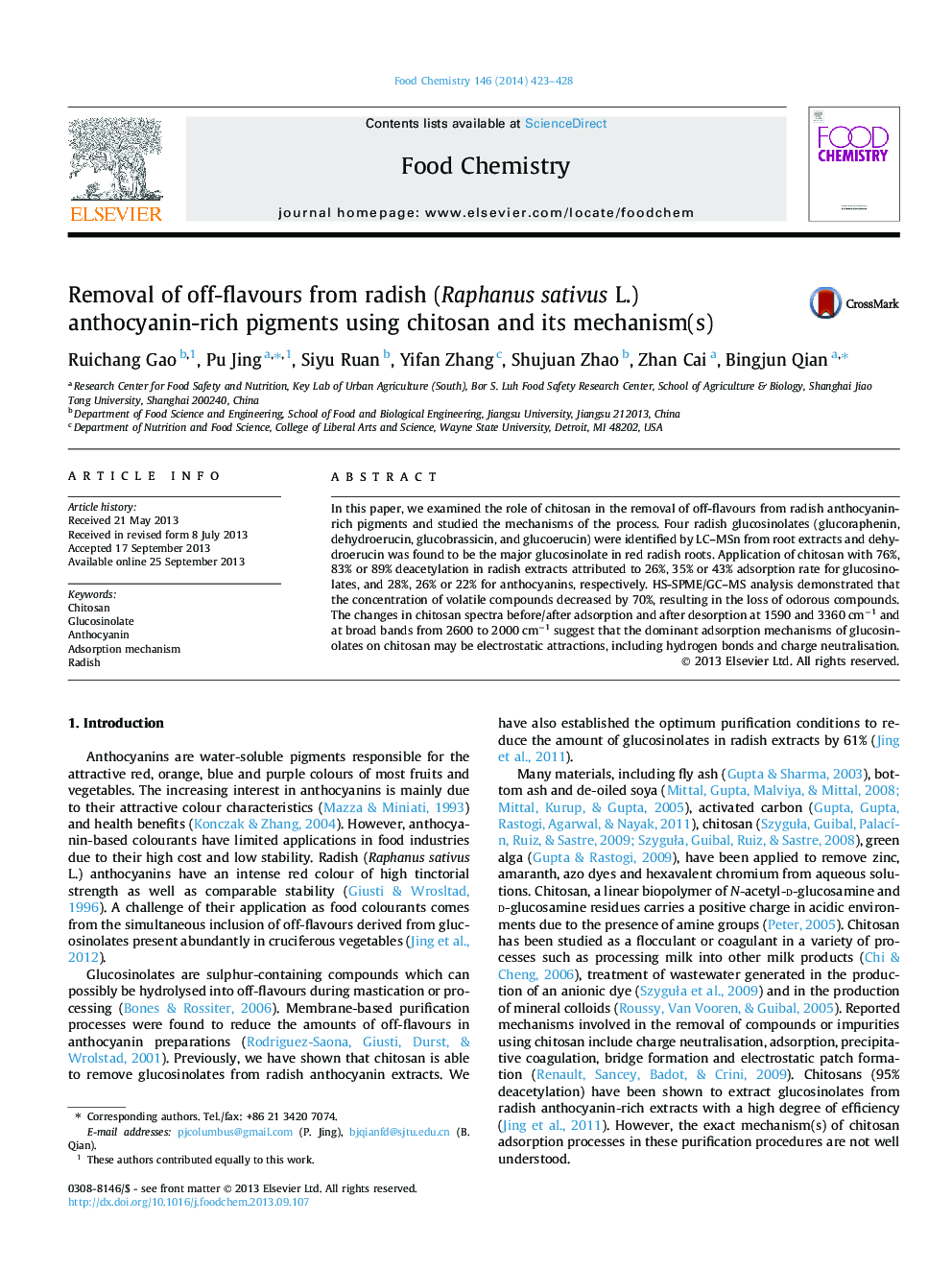 Removal of off-flavours from radish (Raphanus sativus L.) anthocyanin-rich pigments using chitosan and its mechanism(s)