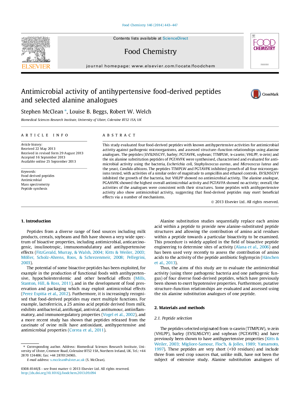 Antimicrobial activity of antihypertensive food-derived peptides and selected alanine analogues