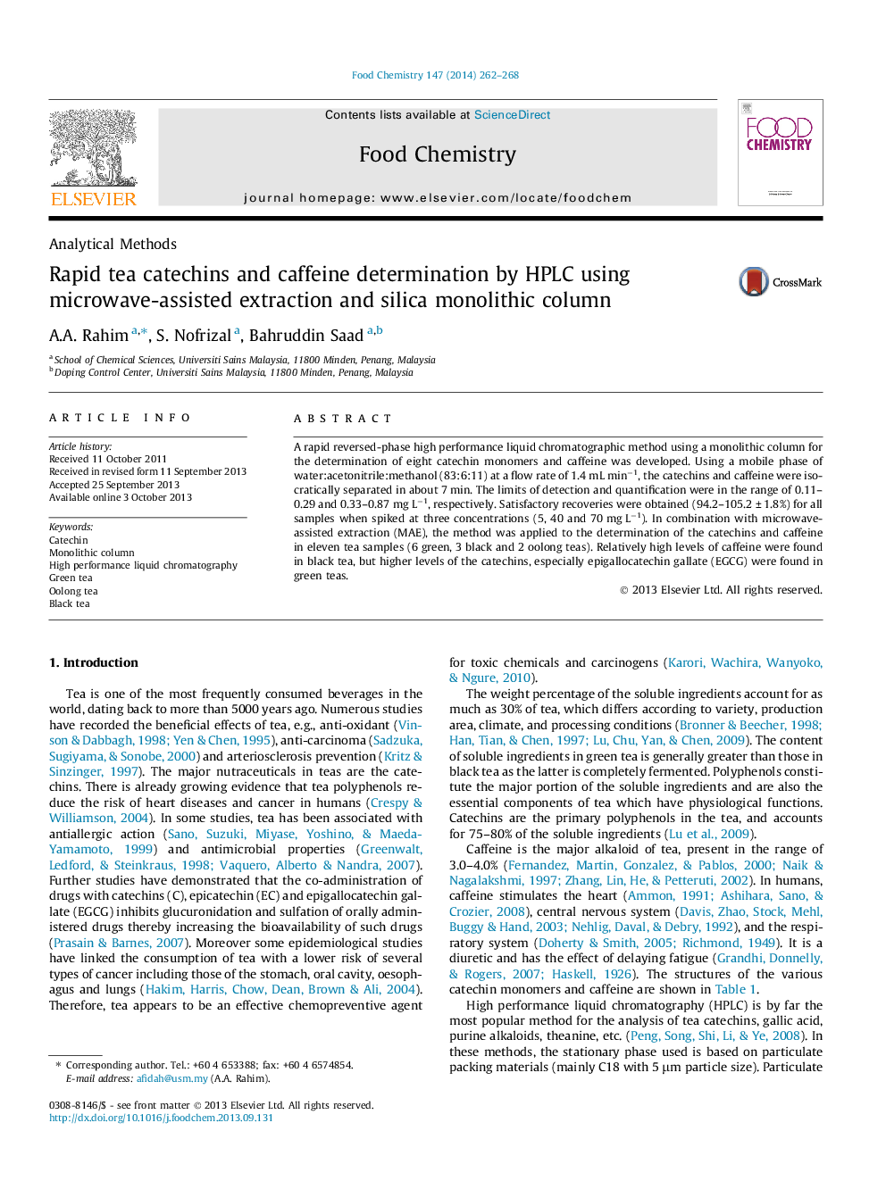 Rapid tea catechins and caffeine determination by HPLC using microwave-assisted extraction and silica monolithic column