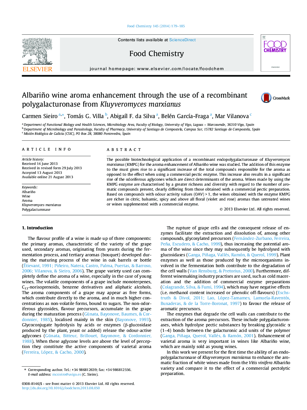 Albariño wine aroma enhancement through the use of a recombinant polygalacturonase from Kluyveromyces marxianus