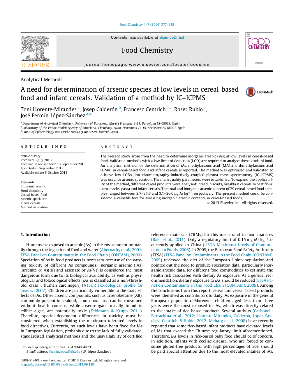 A need for determination of arsenic species at low levels in cereal-based food and infant cereals. Validation of a method by IC-ICPMS