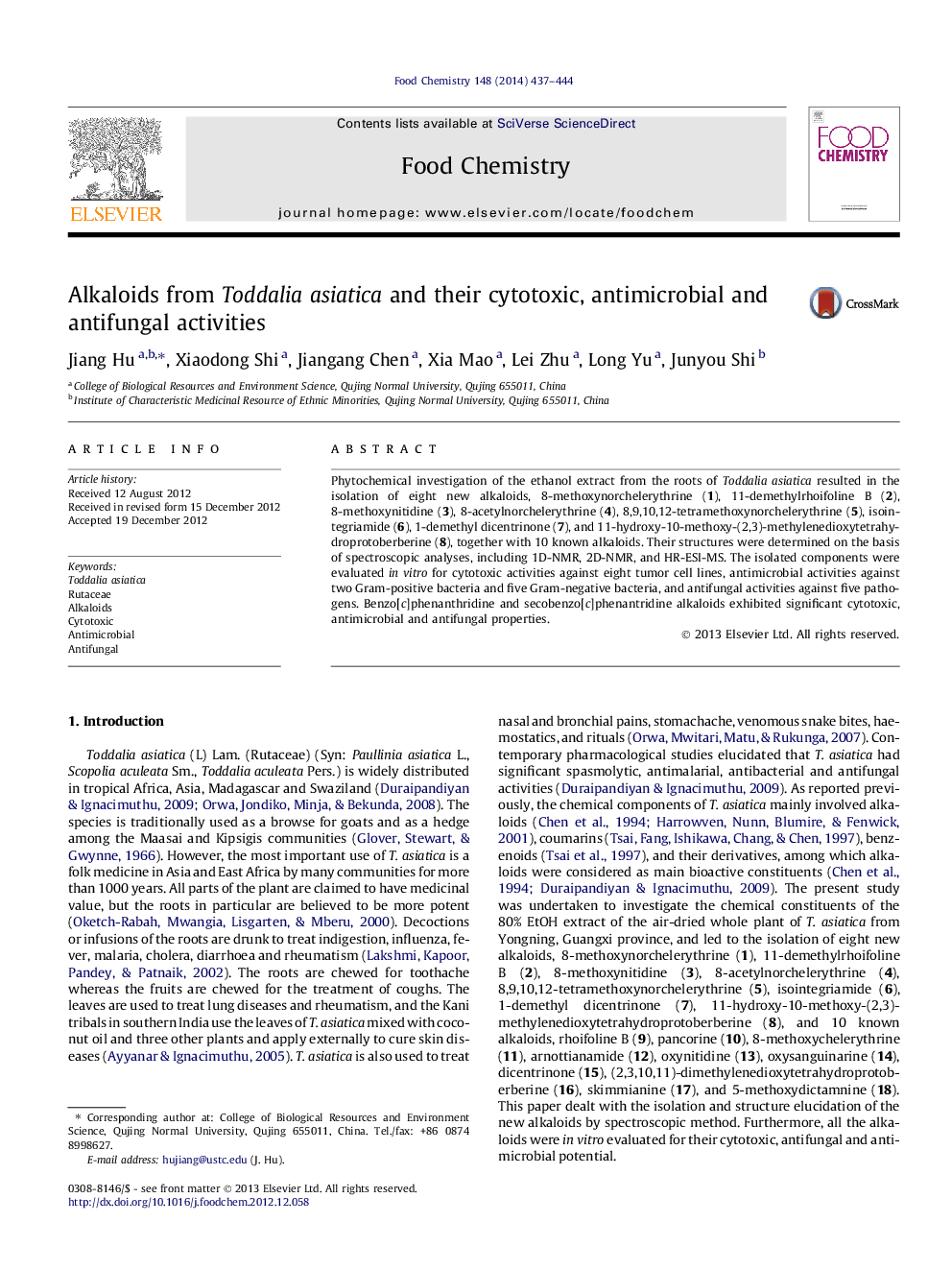 Alkaloids from Toddalia asiatica and their cytotoxic, antimicrobial and antifungal activities