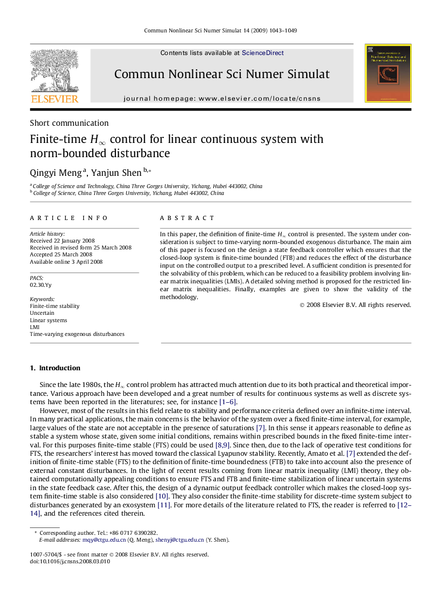 Finite-time H∞H∞ control for linear continuous system with norm-bounded disturbance