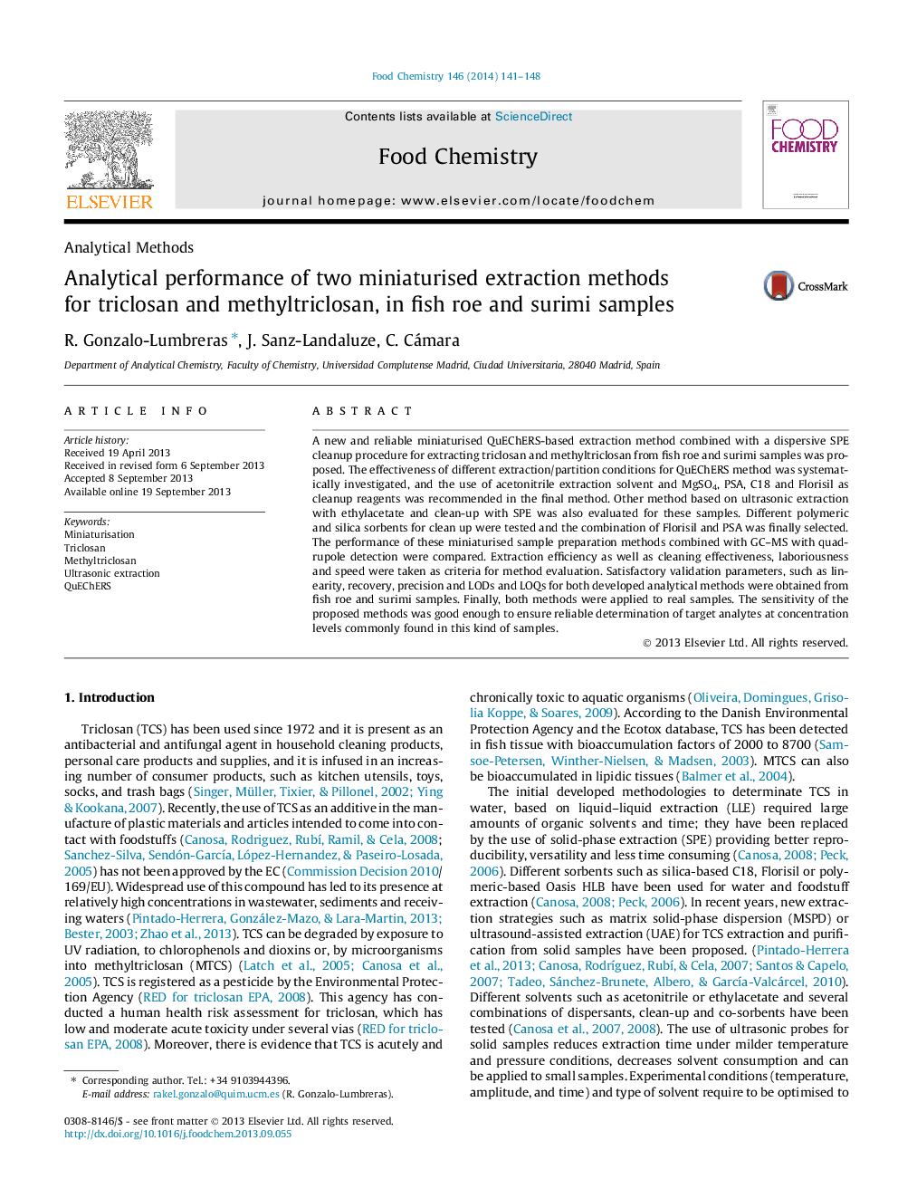 Analytical performance of two miniaturised extraction methods for triclosan and methyltriclosan, in fish roe and surimi samples