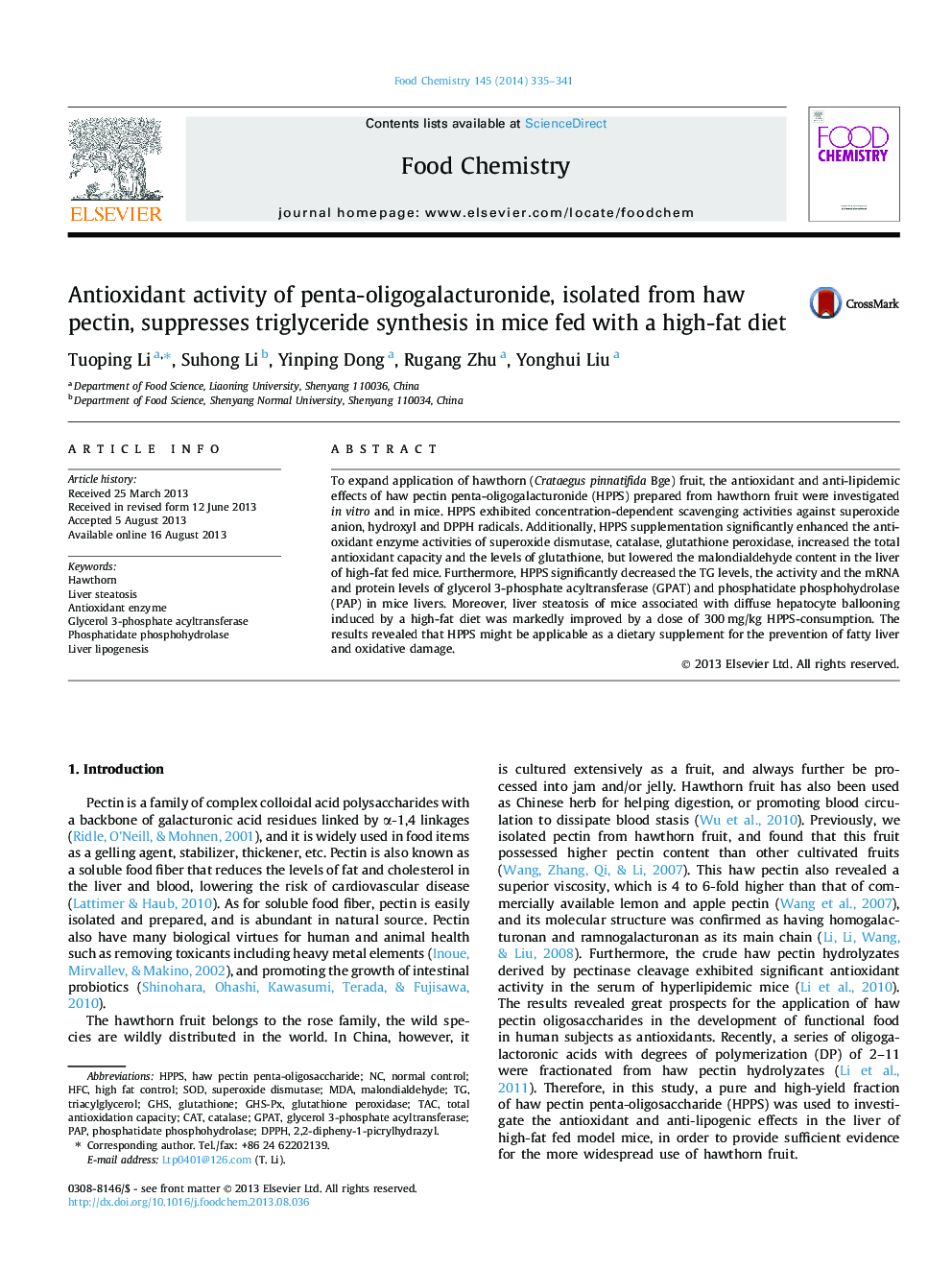 Antioxidant activity of penta-oligogalacturonide, isolated from haw pectin, suppresses triglyceride synthesis in mice fed with a high-fat diet