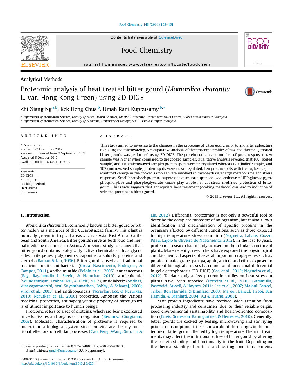 Proteomic analysis of heat treated bitter gourd (Momordica charantia L. var. Hong Kong Green) using 2D-DIGE