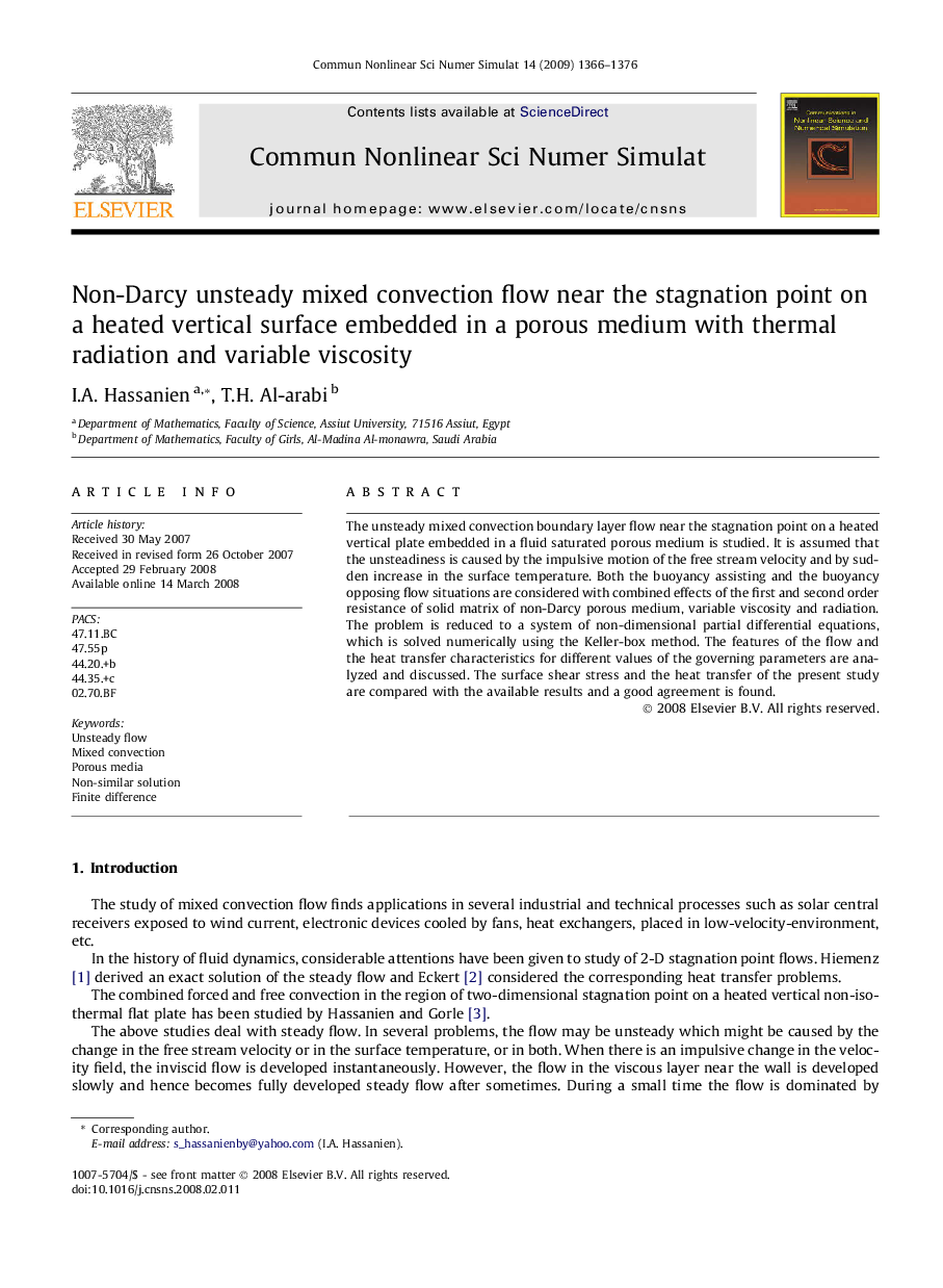 Non-Darcy unsteady mixed convection flow near the stagnation point on a heated vertical surface embedded in a porous medium with thermal radiation and variable viscosity