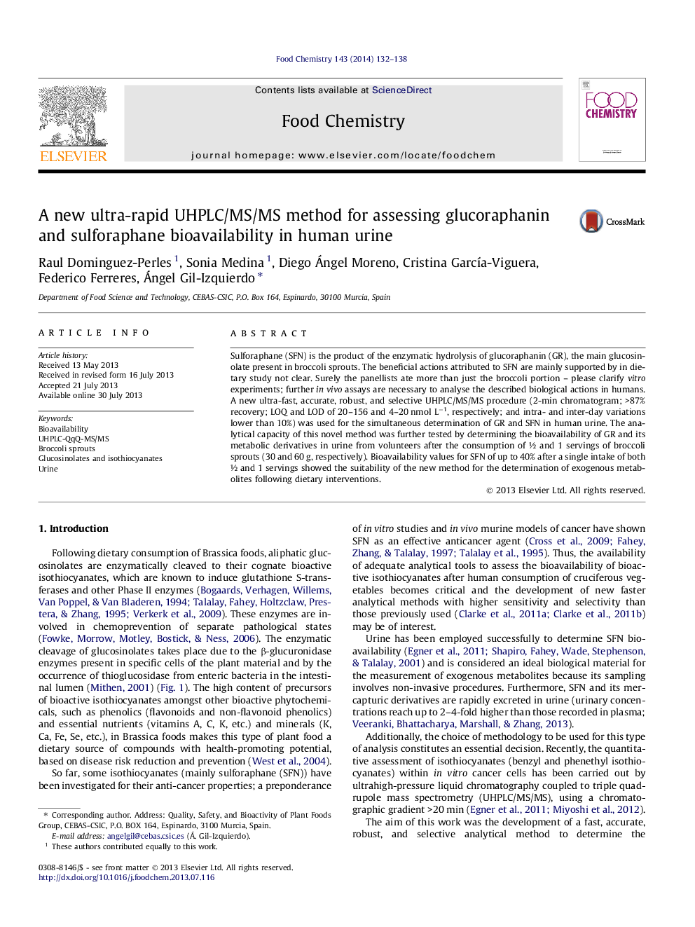 A new ultra-rapid UHPLC/MS/MS method for assessing glucoraphanin and sulforaphane bioavailability in human urine