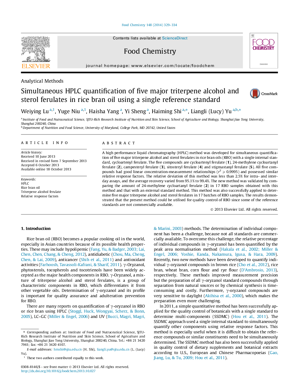 Simultaneous HPLC quantification of five major triterpene alcohol and sterol ferulates in rice bran oil using a single reference standard