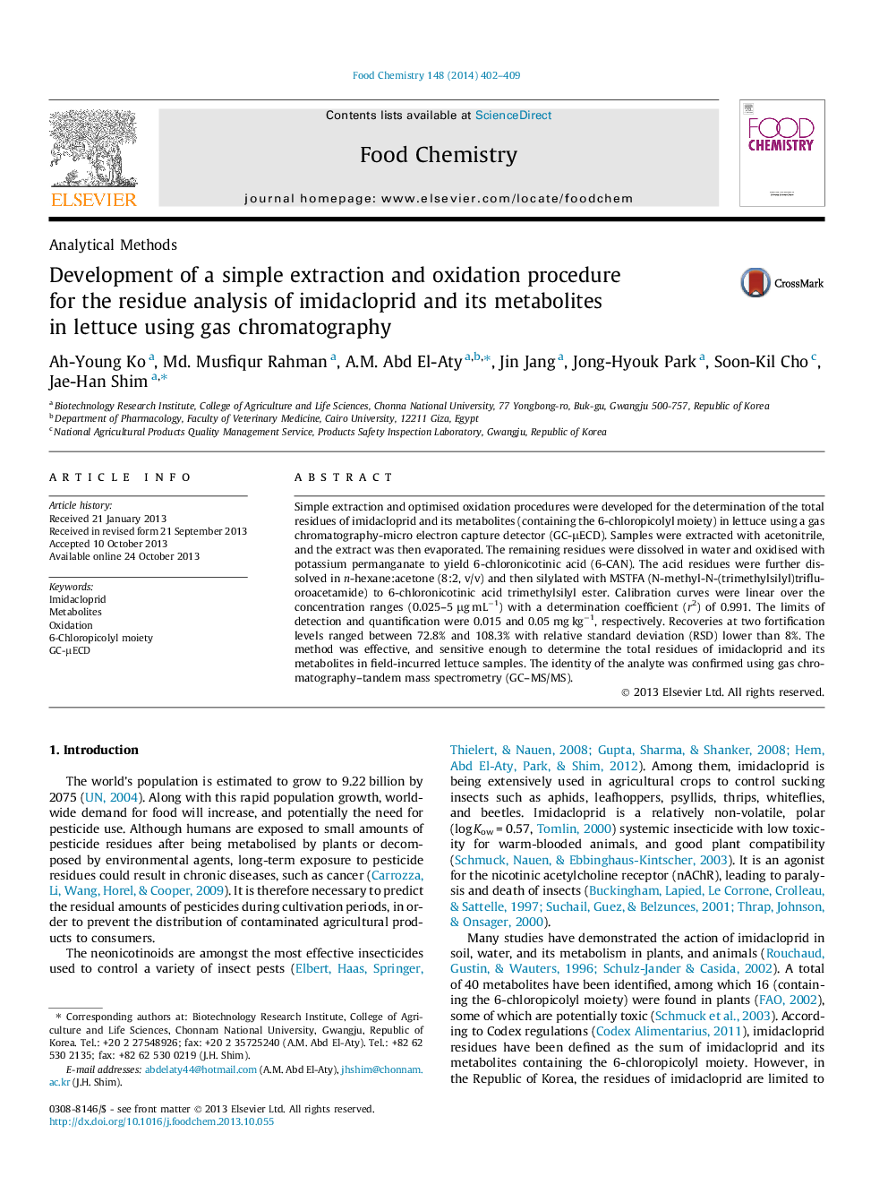 Development of a simple extraction and oxidation procedure for the residue analysis of imidacloprid and its metabolites in lettuce using gas chromatography