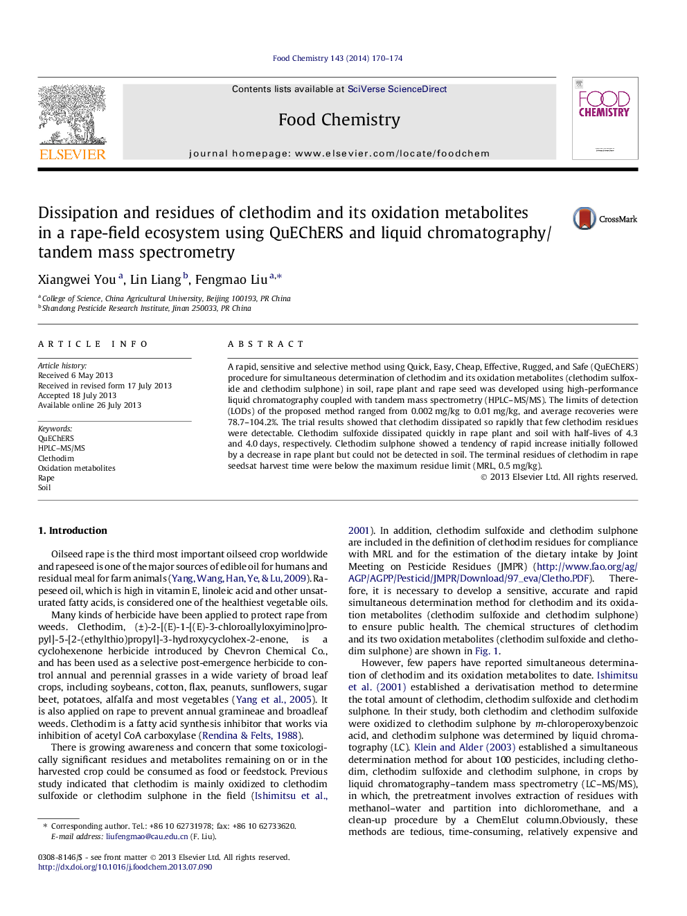 Dissipation and residues of clethodim and its oxidation metabolites in a rape-field ecosystem using QuEChERS and liquid chromatography/tandem mass spectrometry