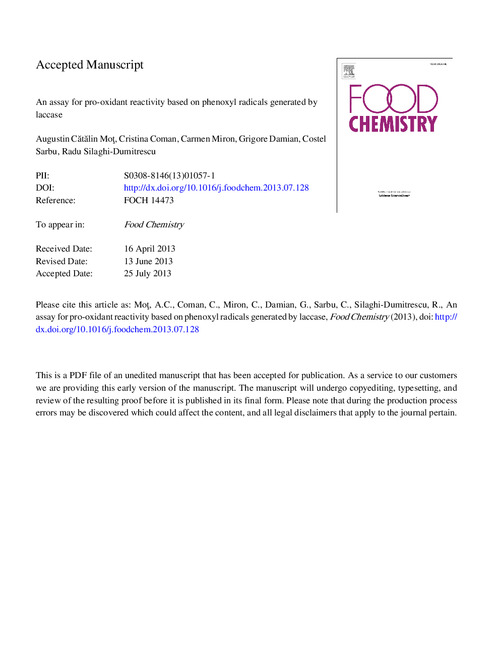 An assay for pro-oxidant reactivity based on phenoxyl radicals generated by laccase