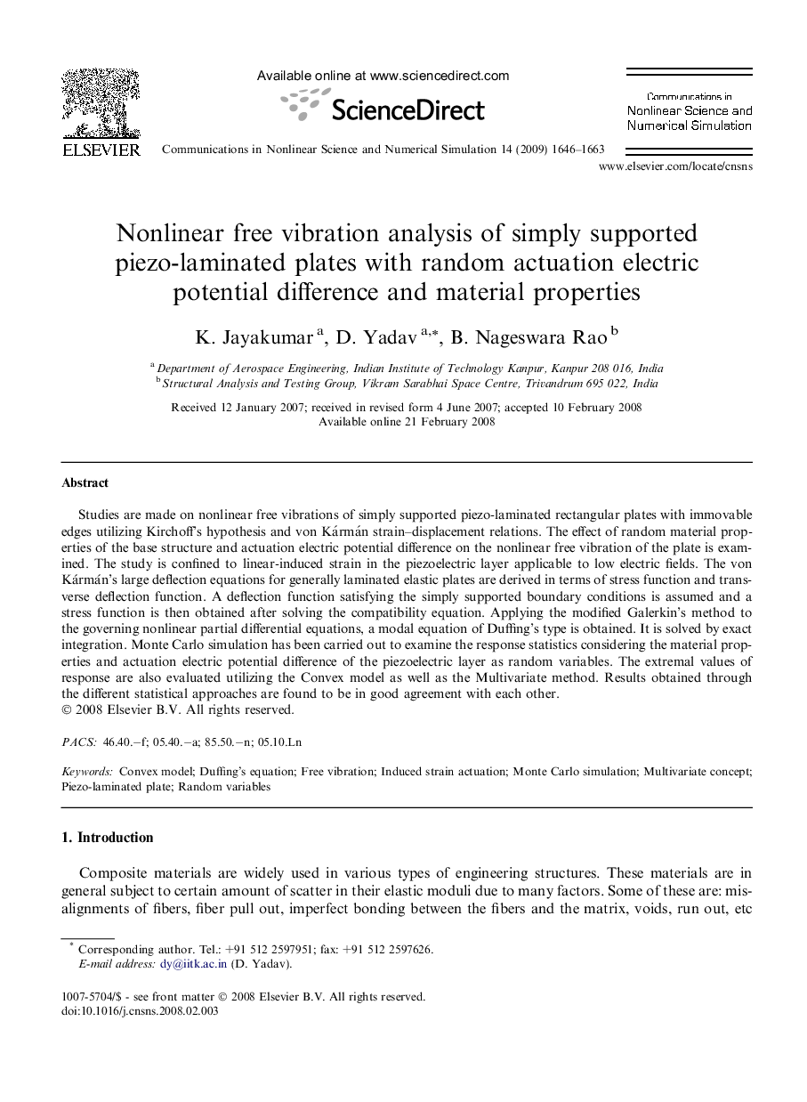 Nonlinear free vibration analysis of simply supported piezo-laminated plates with random actuation electric potential difference and material properties