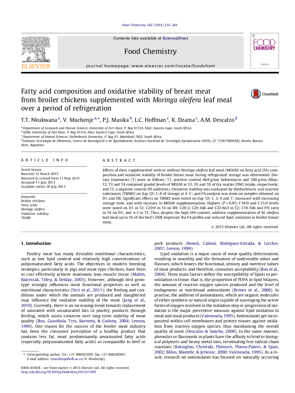 Fatty acid composition and oxidative stability of breast meat from broiler chickens supplemented with Moringa oleifera leaf meal over a period of refrigeration