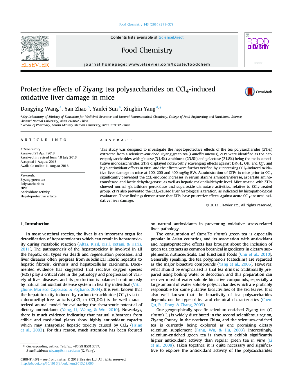 Protective effects of Ziyang tea polysaccharides on CCl4-induced oxidative liver damage in mice