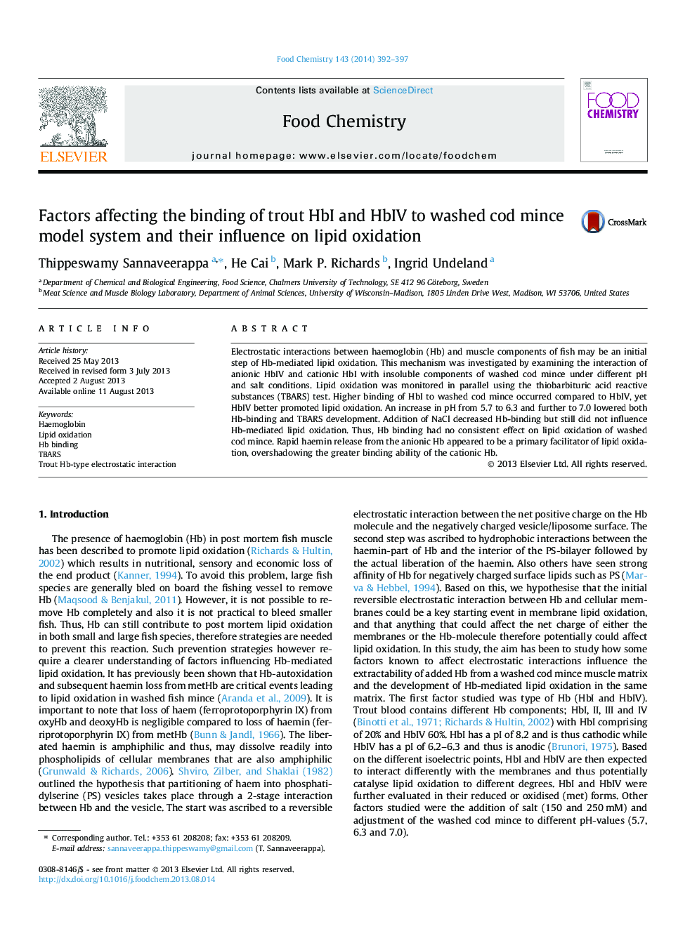 Factors affecting the binding of trout HbI and HbIV to washed cod mince model system and their influence on lipid oxidation