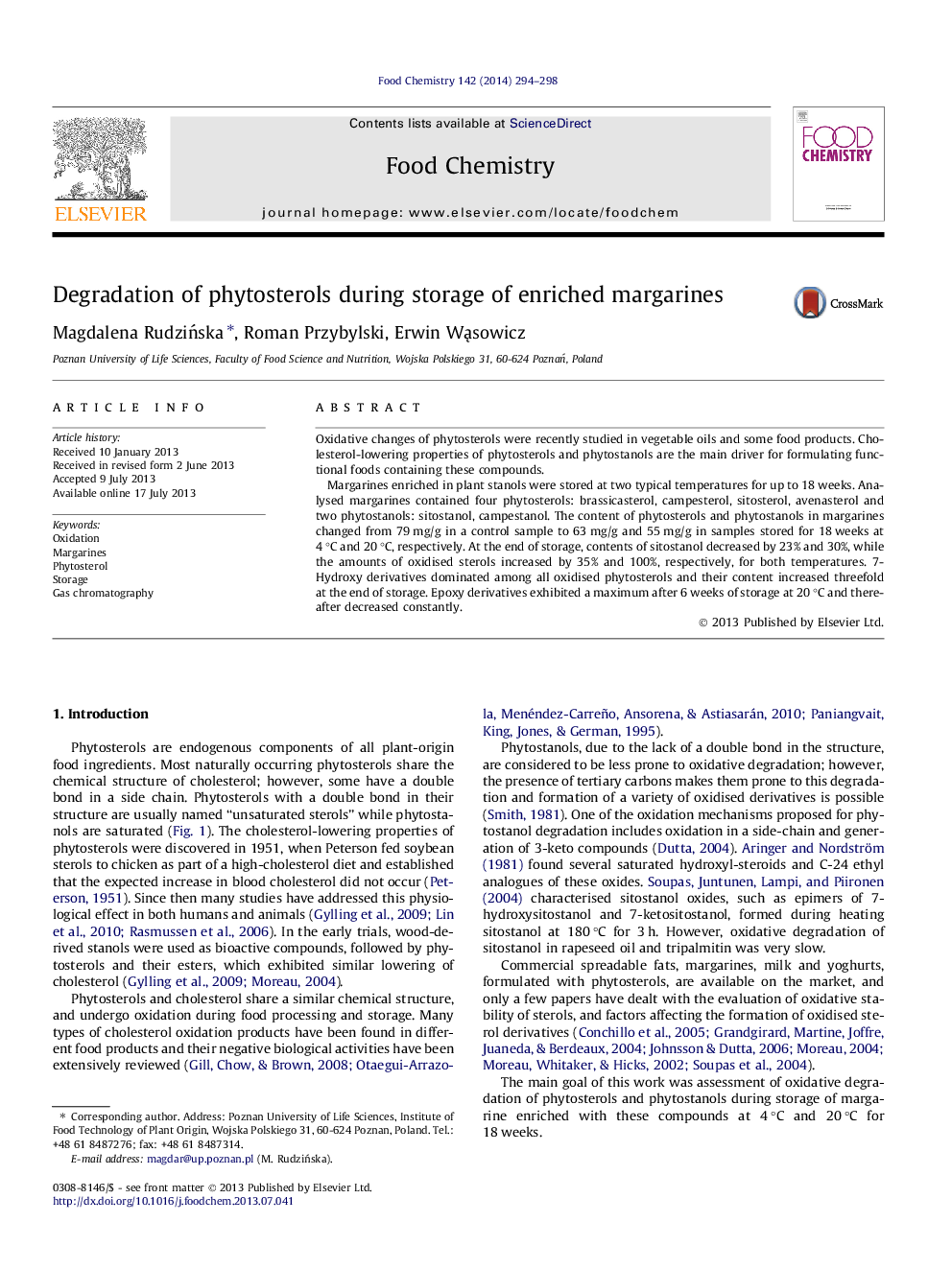 Degradation of phytosterols during storage of enriched margarines