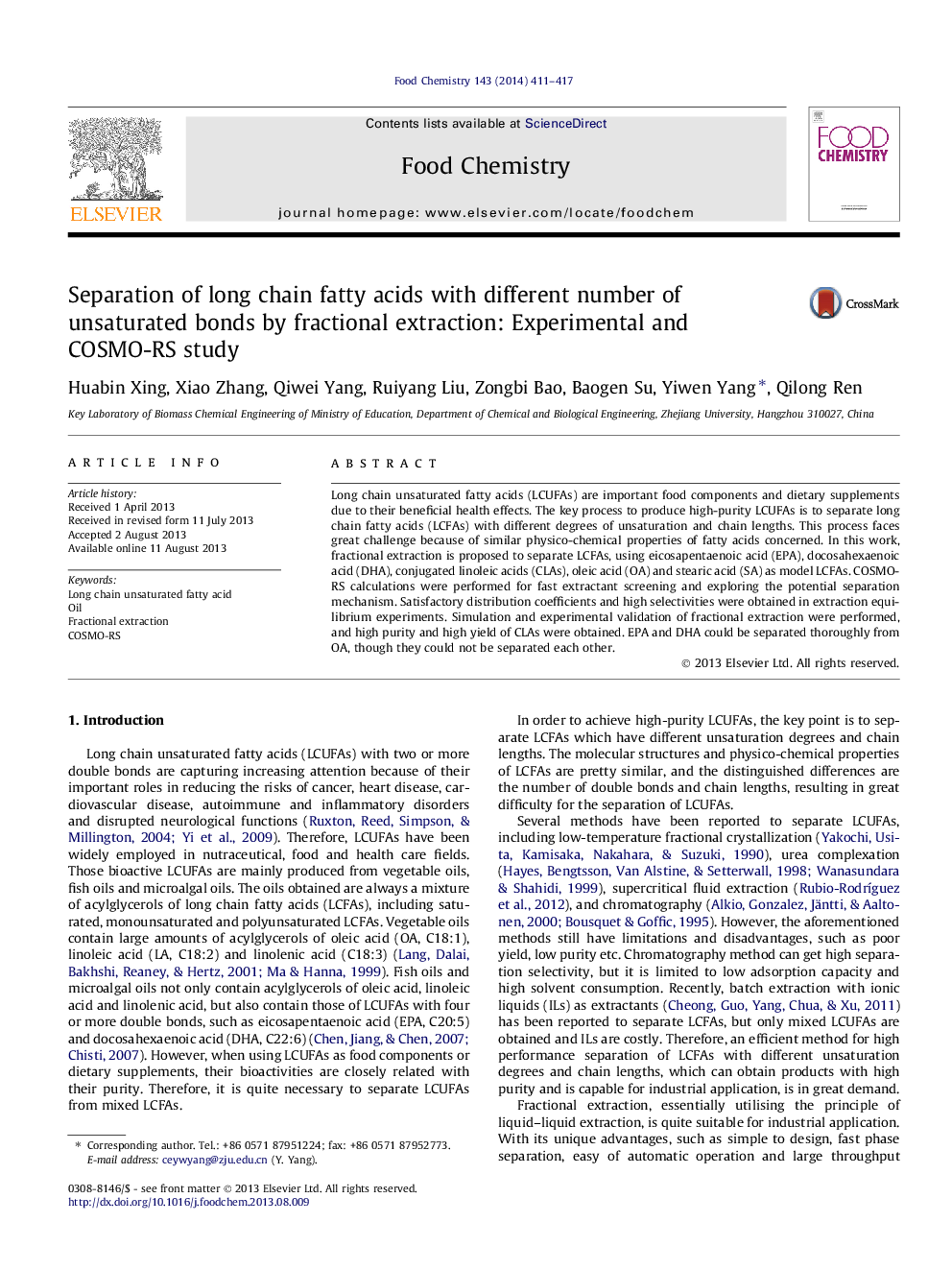 Separation of long chain fatty acids with different number of unsaturated bonds by fractional extraction: Experimental and COSMO-RS study