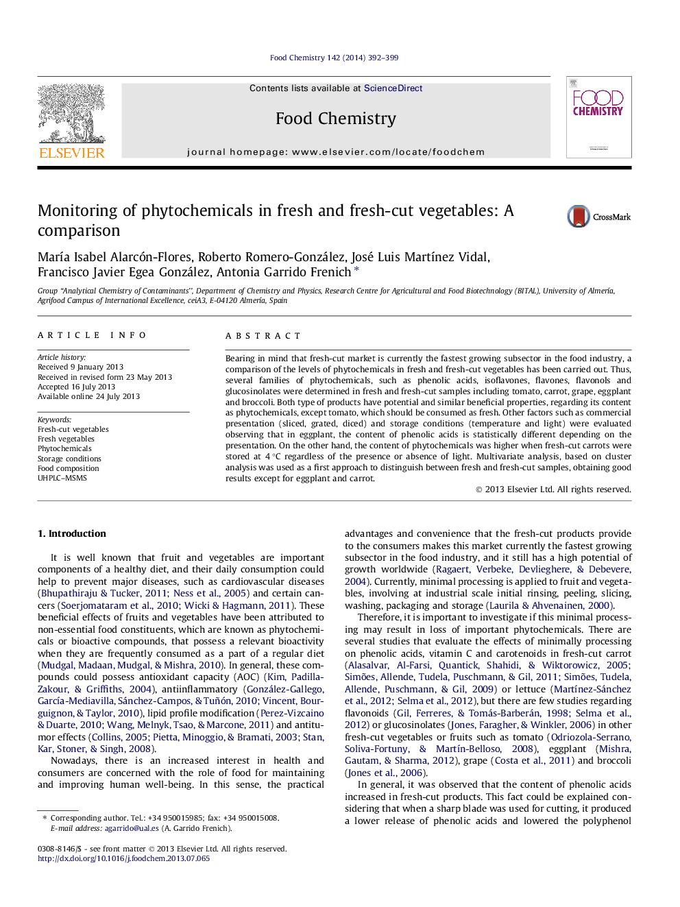 Monitoring of phytochemicals in fresh and fresh-cut vegetables: A comparison