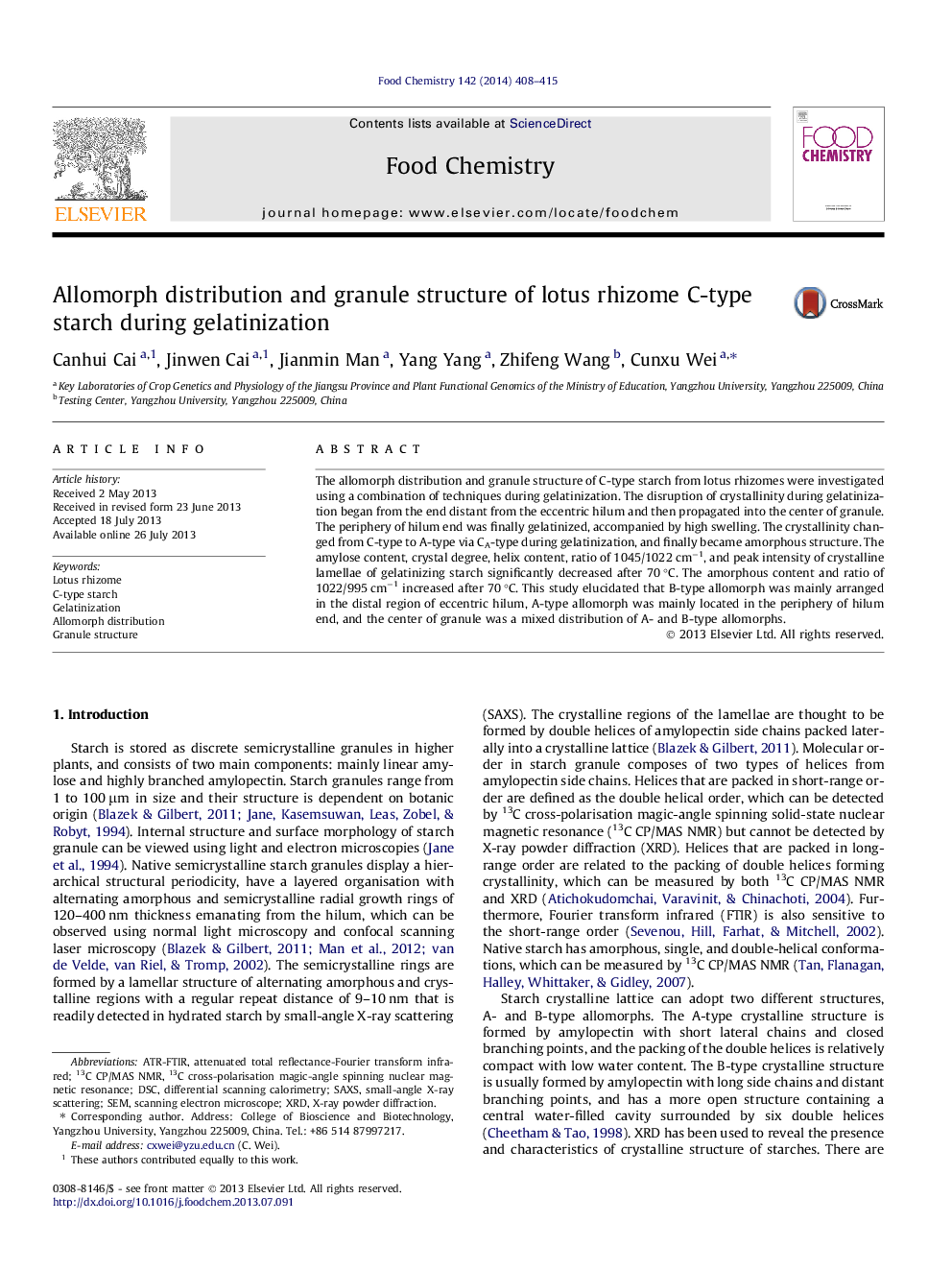 Allomorph distribution and granule structure of lotus rhizome C-type starch during gelatinization