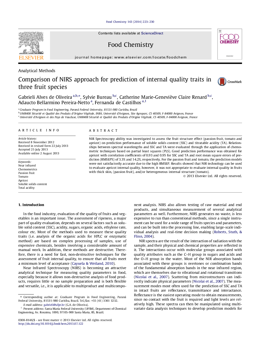 Comparison of NIRS approach for prediction of internal quality traits in three fruit species