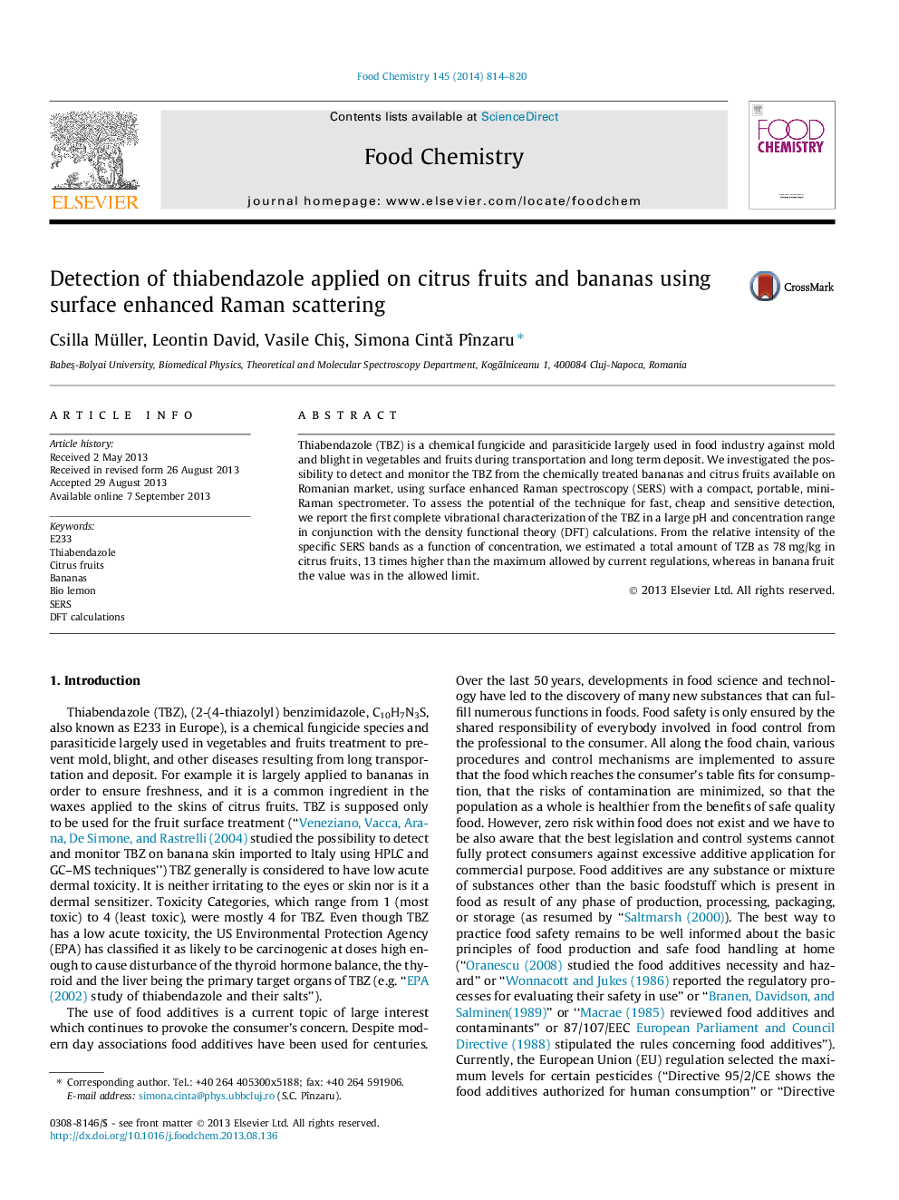 Detection of thiabendazole applied on citrus fruits and bananas using surface enhanced Raman scattering