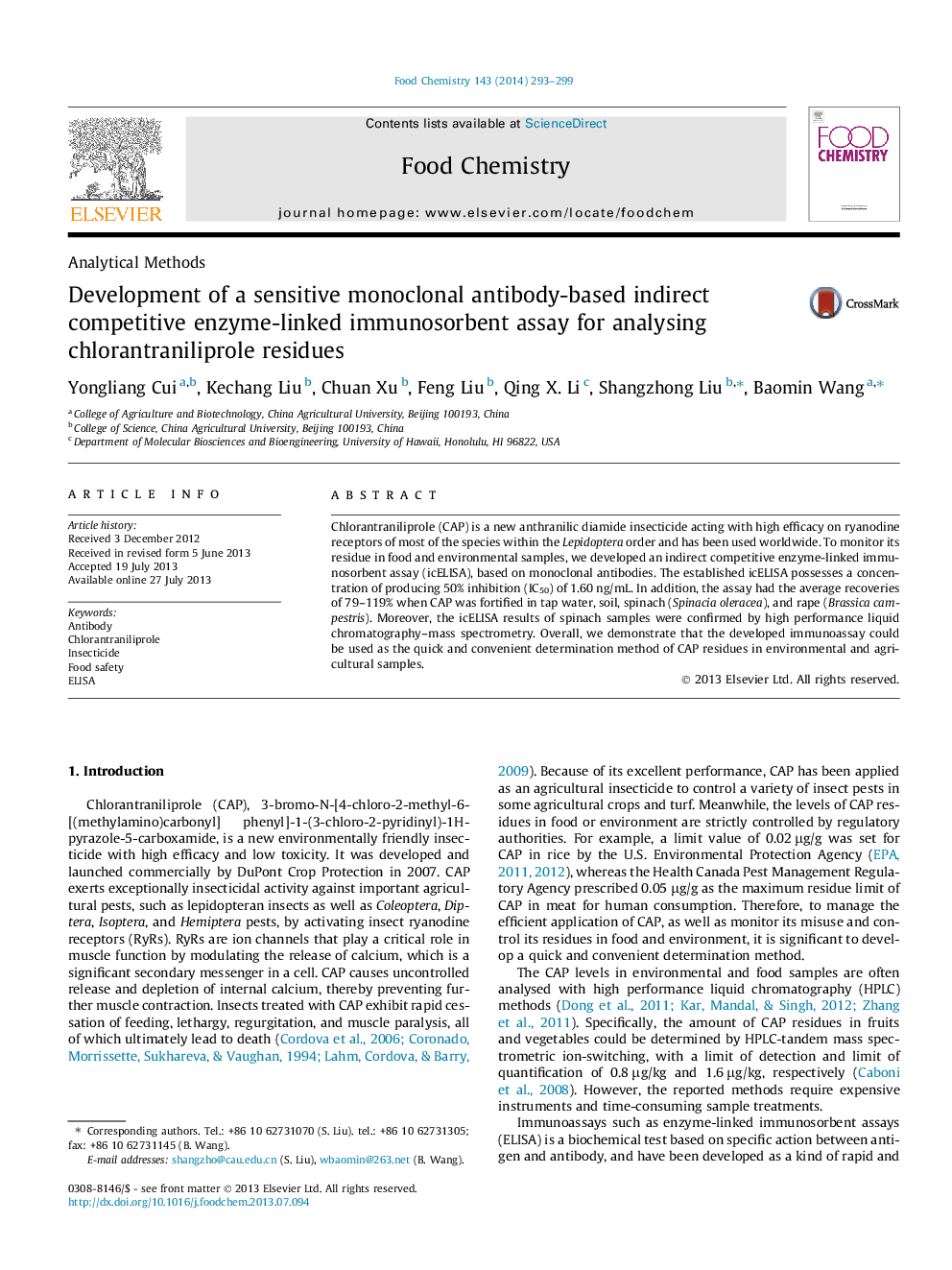 Development of a sensitive monoclonal antibody-based indirect competitive enzyme-linked immunosorbent assay for analysing chlorantraniliprole residues